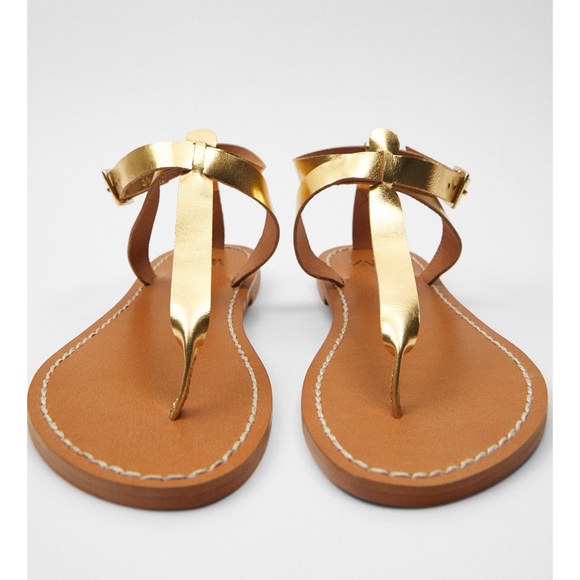 Zara flat laminated leather sandal NWT